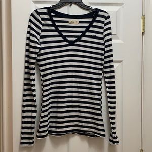 Hollister Long Sleeve White and Navy Striped Shirt